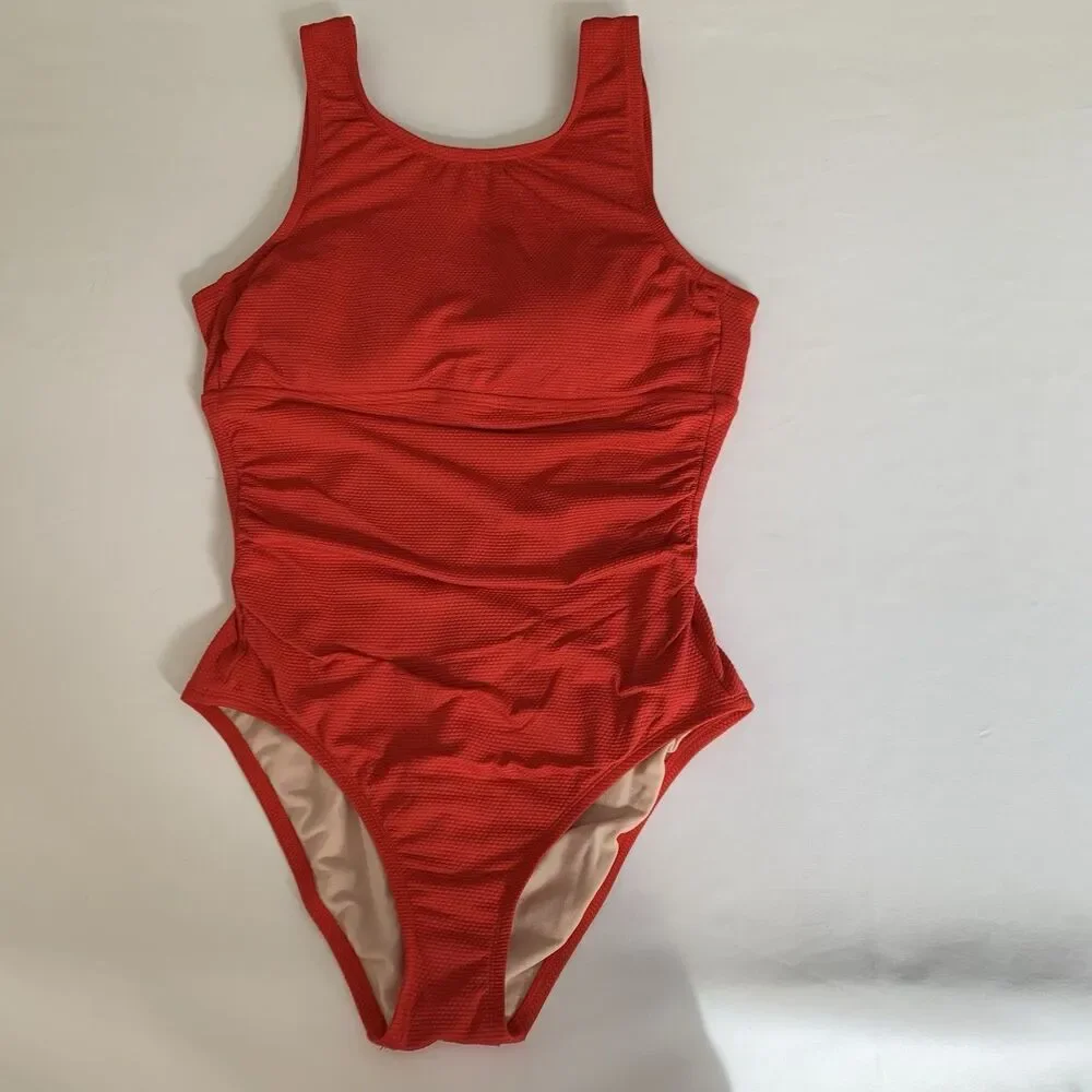 Kona Sol Swimsuit One Piece Women L Red Ruched Padded‎ Vacation Beach Feminine